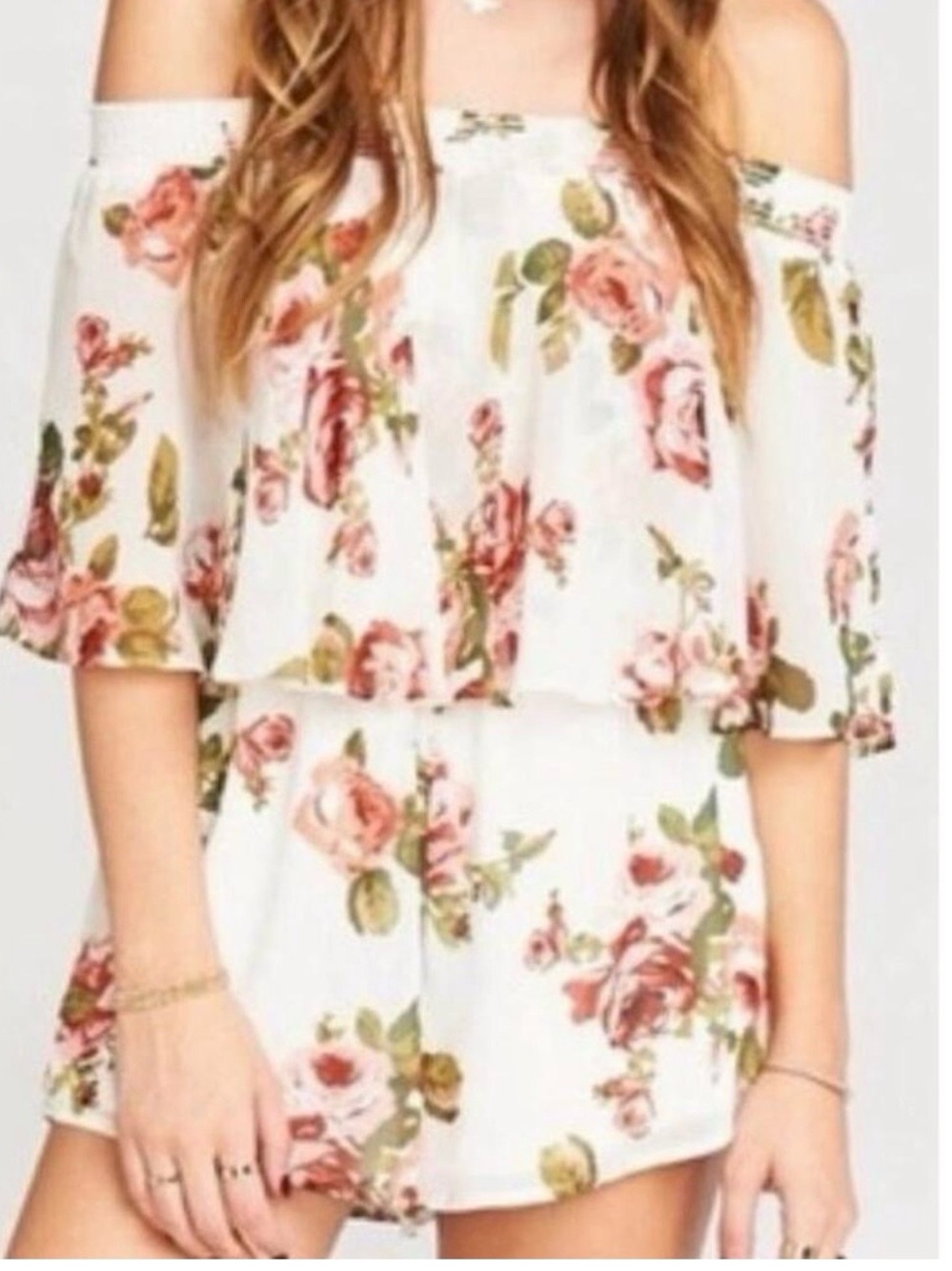 Show Me Your Mumu Floral White Romper with Coral Roses